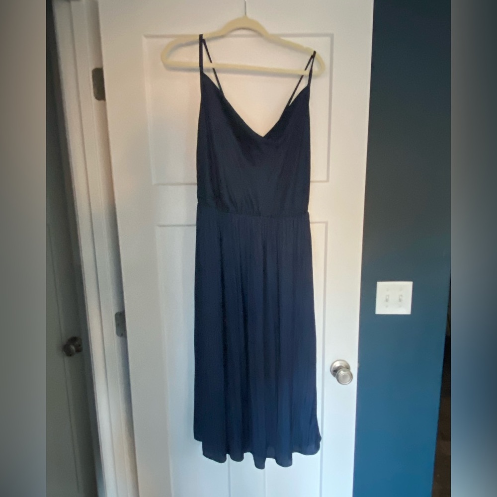 Navy satin ModCloth dress w/ adjustable straps size XL and stretch defined waist